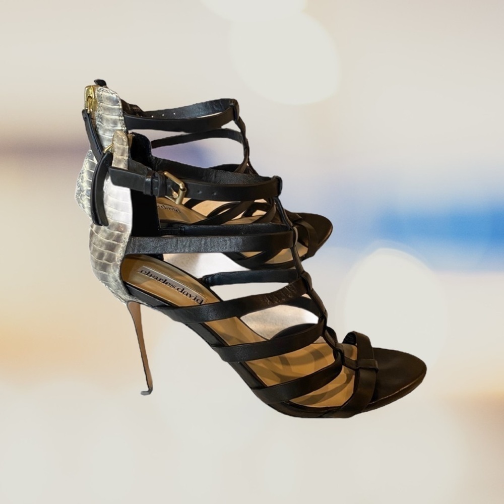 Charles David Gladiator Heels Black Leather Snakeskin Stiletto Sandals Size 7